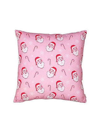 Pink decorative throw pillow with repeating Santa face pattern