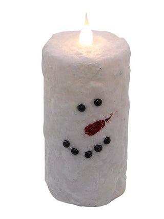 LED votive candle with snowman face, white wax, black eyes and buttons, red mouth