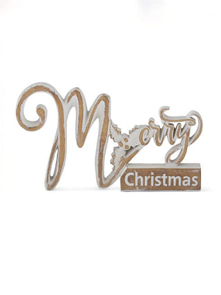 White and gold resin Christmas script decor reading “Merry Christmas”
