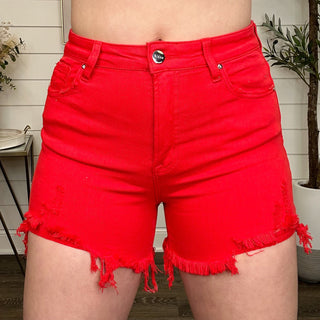 Risen Anna Distressed High Rise Red Shorts