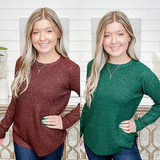 Marled knit long-sleeve sweater top in burgundy (left) and green (right) with crew neck
