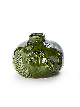 Green ceramic vase with raised fern and floral relief, round bulb shape