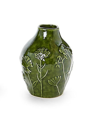 Green ceramic vase with botanical raised pattern, small rounded body and narrow neck