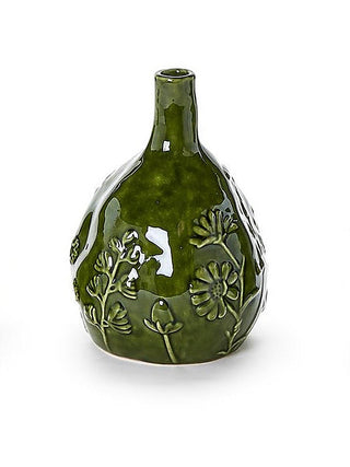 Green ceramic vase with raised flowers and leaves, pear-shaped silhouette and short neck