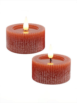 Brown LED pillar candles with glowing flames, two-pack set