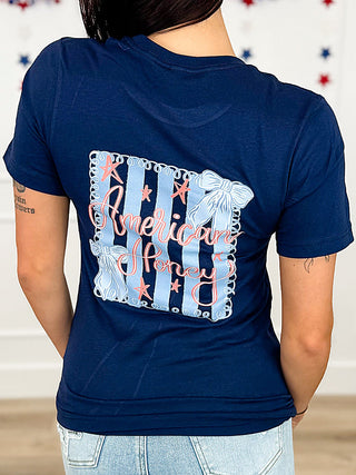 Navy short-sleeve crewneck graphic tee with large American Honey back print