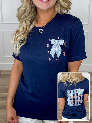 Navy short-sleeve crewneck graphic tee with white unicorn and starburst design at chest