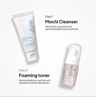 Travel skincare kit: cleanser tube and foaming toner bottle, Steps 1–2