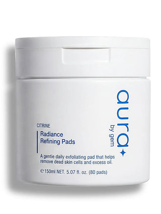 Radiance refining pads jar with Citrus Citrine label and blue “Aura” branding