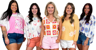 Five women wearing colorful tops and shorts on a white background