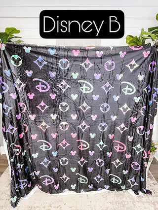 Charcoal sherpa blanket with Mickey-style icons and heart pattern