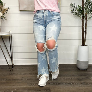 Risen Rori Distressed High Rise Straight Leg Cropped Light Wash Star Print Jeans