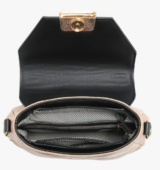 Faux leather crossbody bag for girls, open front with patterned lining and gold clasp