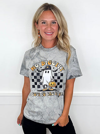 Grey crew-neck cotton graphic T-shirt with centered ghost and jack-o-lantern print