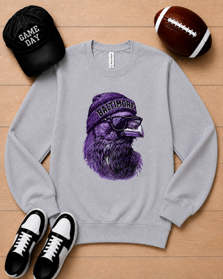 Grey long sleeve crewneck sweatshirt with Baltimore graphic dog wearing purple beanie and sunglasses.