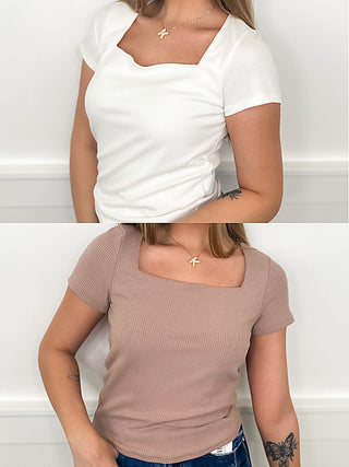 Ribbed short-sleeve cropped top, white and mauve purple, square neckline