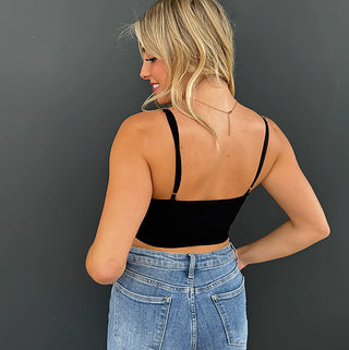 Black ribbed padded bralette back view with thin adjustable straps