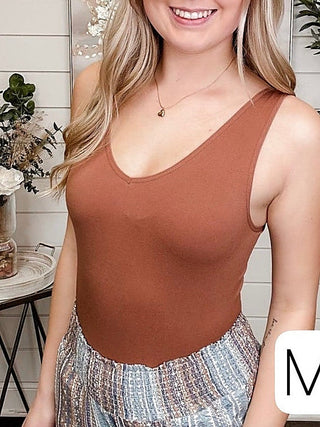 Rust brown nylon sleeveless bodysuit top with scoop neckline