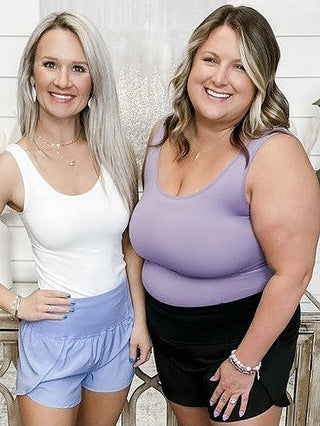 Reversible V-and-scoop neck tank top in white and lavender, sleeveless