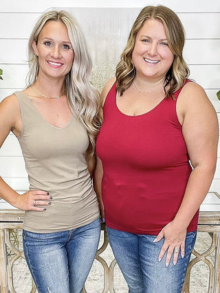 Women’s red and beige V-neck scoop-neck reversible tank tops