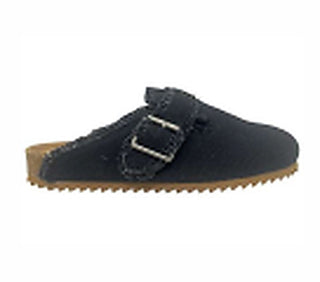 Black clogs with buckle strap and tan sole