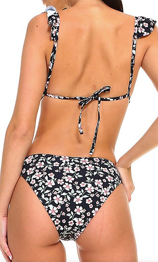 Floral mini bikini set, tie-back triangle top and high-rise tie-side bottoms (back view)