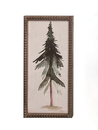 Wood-framed pine tree wall sign with tall evergreen illustration and red trunk accents