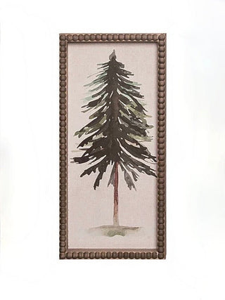 Wood-framed pine tree wall sign with tall evergreen illustration in muted winter tones