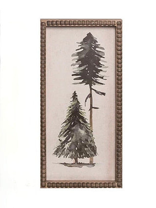 Wood-framed wall sign featuring two pine trees in a stacked winter illustration