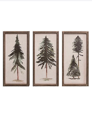 Set of three wood-framed pine tree wall signs with winter evergreen illustrations