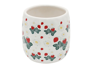 White ceramic berry planter with strawberries and green leaves pattern