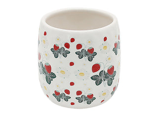 Ceramic planter, white with red berries and green leaf pattern around the body