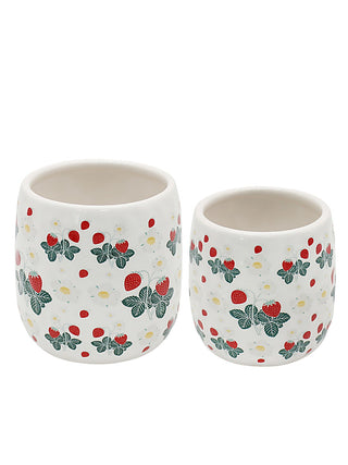Set of 2 ceramic planters, white with red berries and green leaf pattern