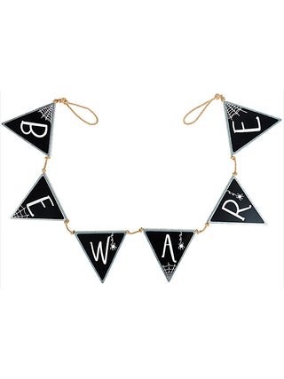 Black triangular banner garland with white letters and gold string ties