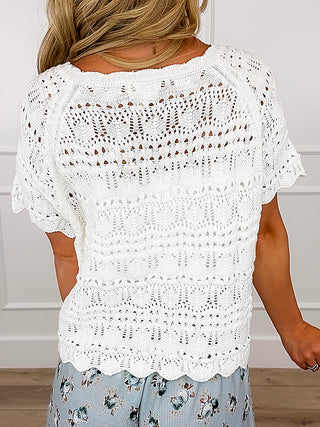 Ivory short-sleeve knit cardigan back with openwork eyelet stripes