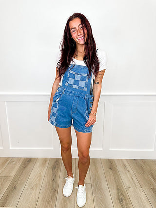 Bibi Pin-Up Pit Stop Cotton Blend Medium Wash Romper (view 3) | Avery Mae Boutique