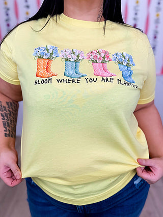 Bloom Beautifully Cotton Short Sleeve Yellow Avery Mae Graphic Tee Shirt (Bella+Canvas) | Avery Mae Boutique