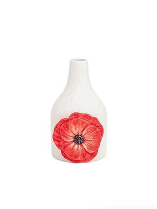 Ceramic vase with red flower accent on the front