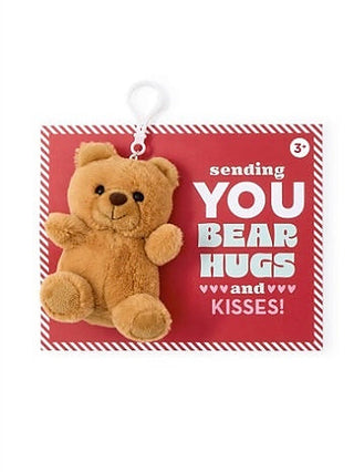 Brown teddy bear greeting card with red text "SENDING YOU BEAR HUGS KISSES"