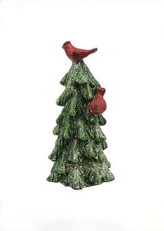 Green resin Christmas tree decor with two red birds perched on branches