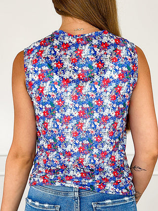 Floral sheer mesh blue tank top, scoop back and racerback straps