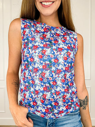 Floral sheer mesh blue tank top with sleeveless crew neck