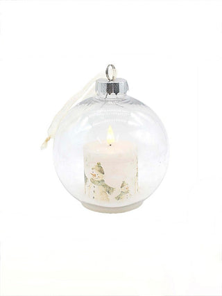Clear LED snow scene bauble ornament with hanging loop and small glowing light