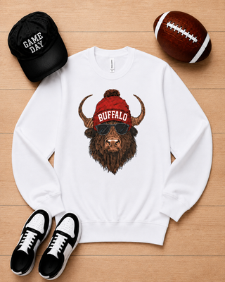 White long-sleeve graphic crewneck sweatshirt with Buffalo horned bear logo