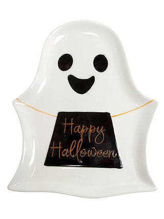 White ceramic ghost-shaped platter with Happy Halloween lettering and orange trim
