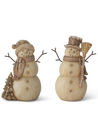 Light-up snowman decor with a knitted hat and scarf, shown with tree and broom options