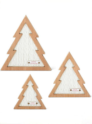 Wooden tree charm decor with cable-knit white insert, set of 3