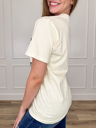 Cream crew-neck cotton tee, short sleeves, side view