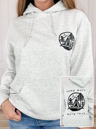 Grey long-sleeve pullover hoodie sweatshirt with front pocket and camp graphic on chest