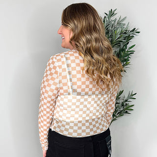 Brown-and-cream checkered mesh cropped long-sleeve top with high neck, side view